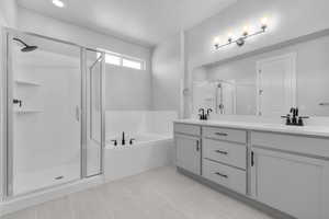 Bathroom featuring independent shower and bath, tile patterned flooring, and double vanity