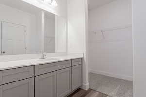 Bathroom featuring vanity and wood-type flooring