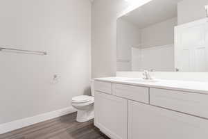 Bathroom with vanity, hardwood / wood-style flooring, toilet, and walk in shower