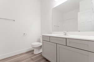 Bathroom featuring toilet, hardwood / wood-style flooring, and vanity