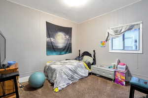 Bedroom with carpet flooring and wood walls