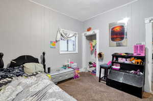 Carpeted bedroom featuring wooden walls