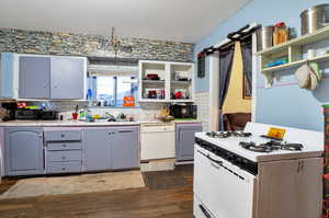 Kitchen with gray cabinetry, sink, dark wood-type flooring, and white appliances