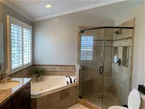 Full bathroom featuring a healthy amount of sunlight, plus walk in shower, and vanity