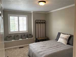 Bedroom featuring carpet flooring, crown molding, and a textured ceiling