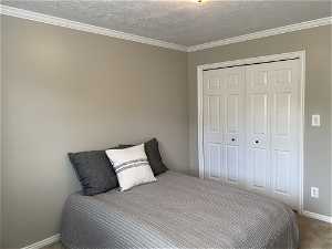 Bedroom with a closet, crown molding, carpet floors, and a textured ceiling