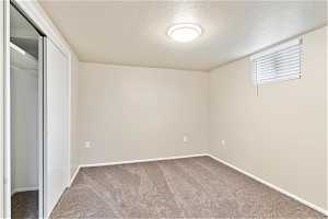 Unfurnished bedroom with a closet, carpet, and a textured ceiling