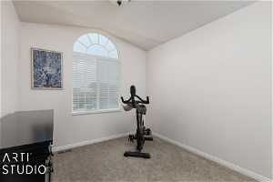 Workout room with carpet floors and lofted ceiling