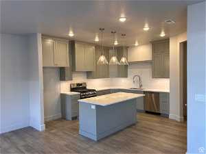 Kitchen featuring a center island, sink, stainless steel appliances, wood-type flooring, and pendant lighting