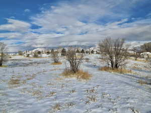 Snowy view with a mountain view