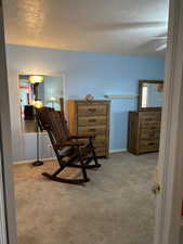 Living area featuring carpet and a textured ceiling