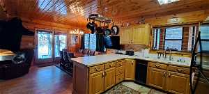 Kitchen featuring hardwood / wood-style floors, wood walls, and sink
