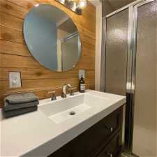 Bathroom with walk in shower, vanity, and wooden walls