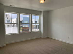 Carpeted spare room featuring a textured ceiling and a wealth of natural light