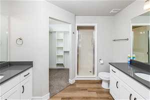 Bathroom featuring toilet, vanity, hardwood / wood-style flooring, and a shower with door