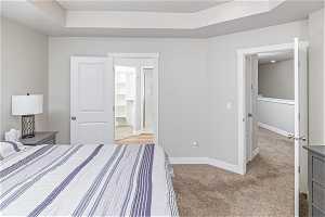 Unfurnished bedroom featuring light colored carpet, a spacious closet, and a raised ceiling