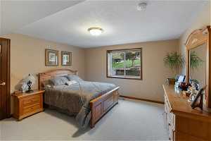 Carpeted bedroom with a textured ceiling