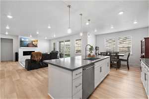 Kitchen with a kitchen island with sink, white cabinets, sink, light hardwood / wood-style floors, and dishwasher