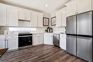 Kitchen with white cabinetry, dark hardwood / wood-style flooring, stainless steel appliances, sink, and tasteful backsplash