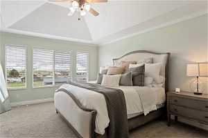 Carpeted bedroom with ceiling fan and a raised ceiling