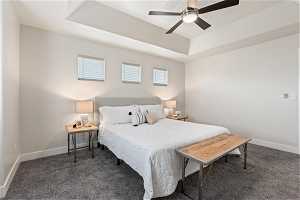 Carpeted primary bedroom featuring a raised ceiling and ceiling fan