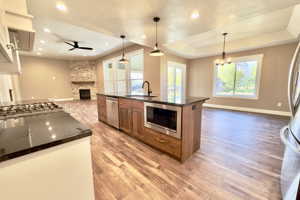 Kitchen featuring hardwood / wood-style floors, ceiling fan with notable chandelier, stainless steel appliances, and a fireplace
