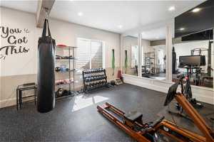 Workout room featuring a textured ceiling