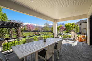 View of terrace with a mountain view