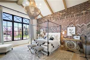 Bedroom featuring beamed ceiling, high vaulted ceiling, hardwood / wood-style floors, a chandelier, and brick wall