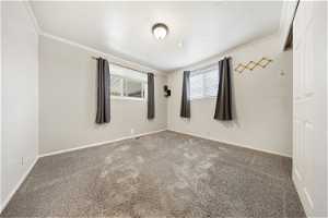 Spare room featuring carpet floors and crown molding