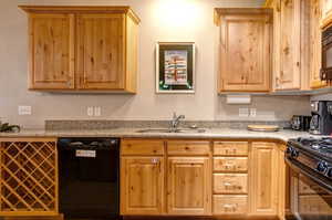 Kitchen with black appliances and sink