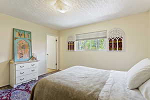 Bedroom with a textured ceiling