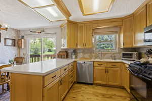 Kitchen with plenty of natural light, appliances with stainless steel finishes, light hardwood / wood-style flooring, and kitchen peninsula