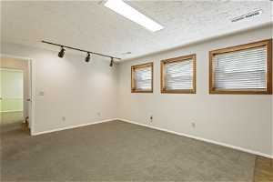 Empty room with track lighting, carpet flooring, and a textured ceiling