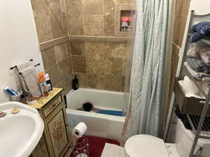 Full bathroom featuring toilet, sink, and shower / bath combo