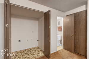 Washroom featuring electric dryer hookup, light carpet, and a textured ceiling