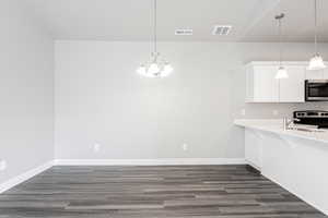 Kitchen featuring sink, dark wood-type flooring, an inviting chandelier, decorative light fixtures, and white cabinets