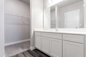 Bathroom with vanity and wood-type flooring