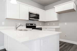 Kitchen with kitchen peninsula, dark wood-type flooring, sink, electric stove, and white cabinets