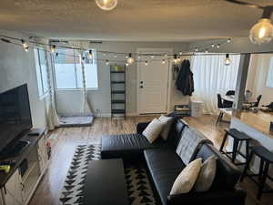 Living room featuring wood-type flooring and a textured ceiling