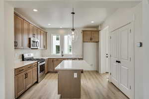 Kitchen with a center island, stainless steel appliances, light hardwood / wood-style floors, and decorative light fixtures