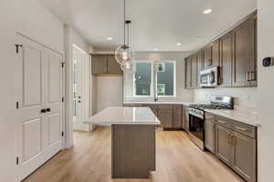 Kitchen with hanging light fixtures, a center island, stainless steel appliances, and light wood-type flooring