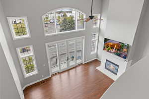 Living room featuring a healthy amount of sunlight, dark hardwood / wood-style flooring, and a high ceiling