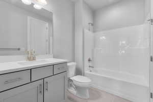 Full bathroom featuring tile patterned floors, vanity, shower / bathtub combination, and toilet