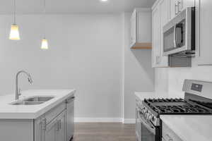 Kitchen with hanging light fixtures, sink, appliances with stainless steel finishes, dark hardwood / wood-style floors, and decorative backsplash