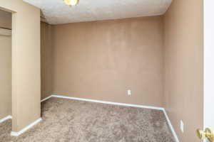 Unfurnished bedroom featuring a textured ceiling and carpet flooring