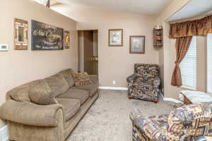 Living room featuring lofted ceiling and carpet floors