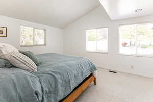 Master Bedroom featuring lofted ceiling, carpet flooring, and multiple windows with lots of light