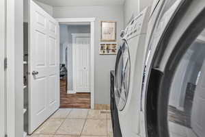 Clothes washing area featuring light wood-type flooring