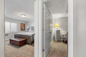 Carpeted bedroom featuring a textured ceiling